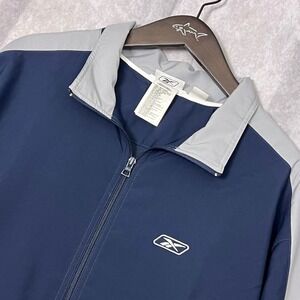Reebok Mens Full Zip Track Jacket Navy Blue Grey Mesh Lined Windbreaker Athletic